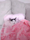 A white-and-black cat resting in a pink pet nest with a soft raised rim.