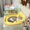 Cats relaxing in pastel pet beds, including yellow, blue, green and pink designs.