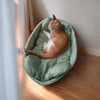 A ginger cat curled up in a green oval pet bed with a padded rim.